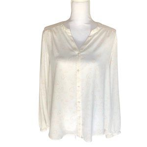 Lauren Conrad NWT Sz Large Semi Sheer Pintuck Full Button Long Sleeve Heart Blou